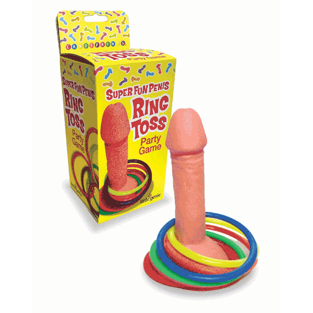 Penis ring toss game with inflatable penis target and 6 colorful rings for bachelorette parties.