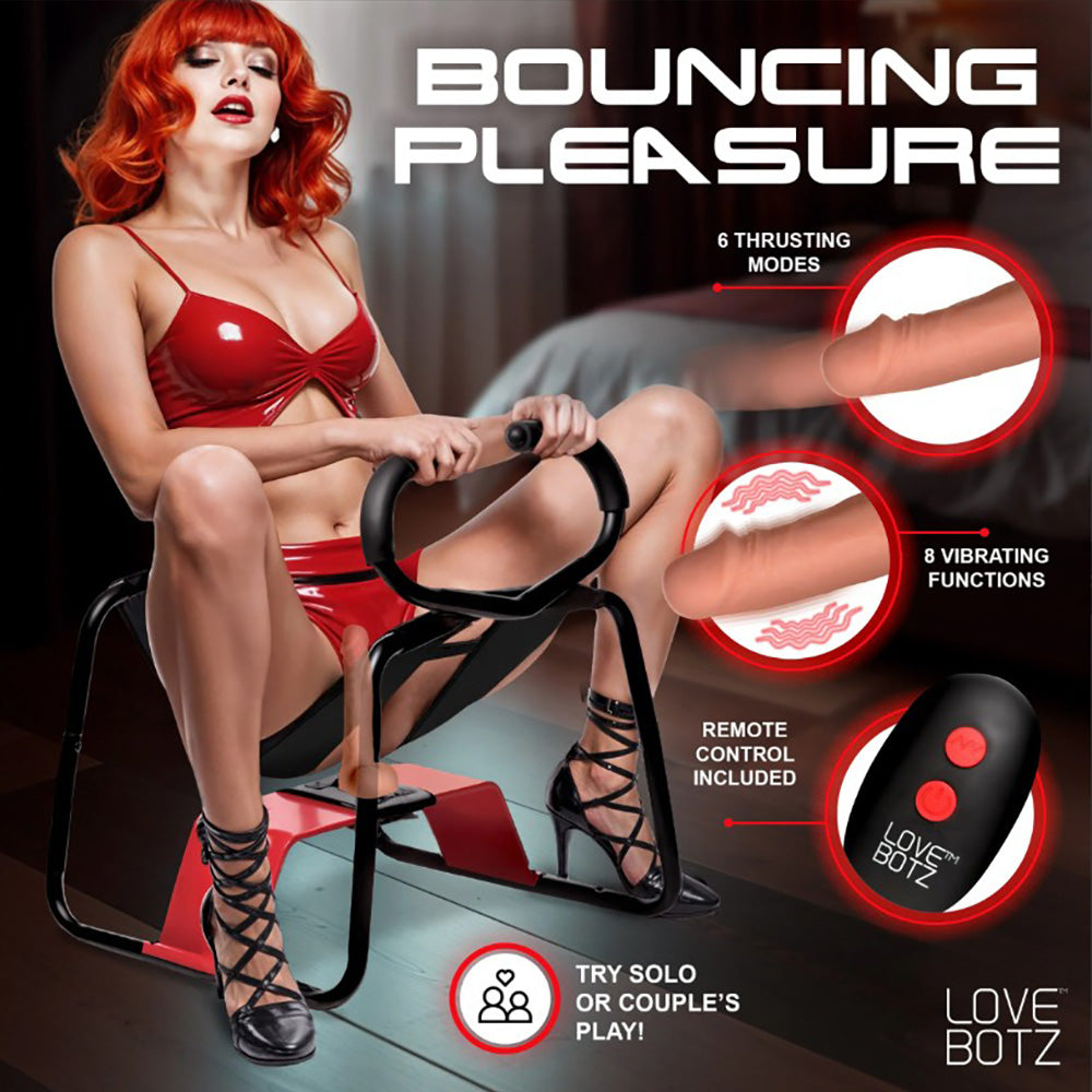 A woman sits on a vibrating thrusting dildo bench with a remote control.