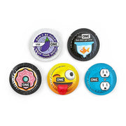 Five assorted ONE brand condom wrappers with playful designs: an eggplant, a goldfish in a bowl, a donut, a silly emoji, and an electrical outlet.