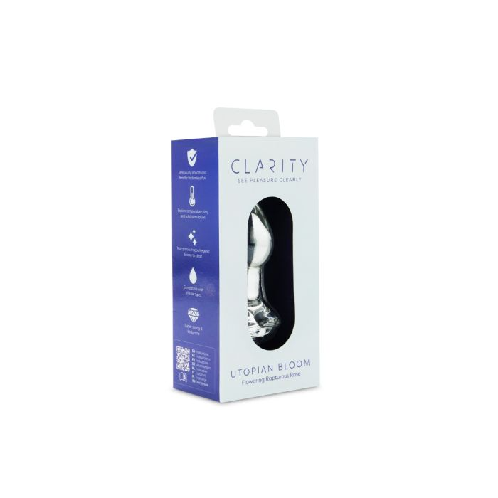 Clarity Utopian Bloom glass butt plug in packaging.