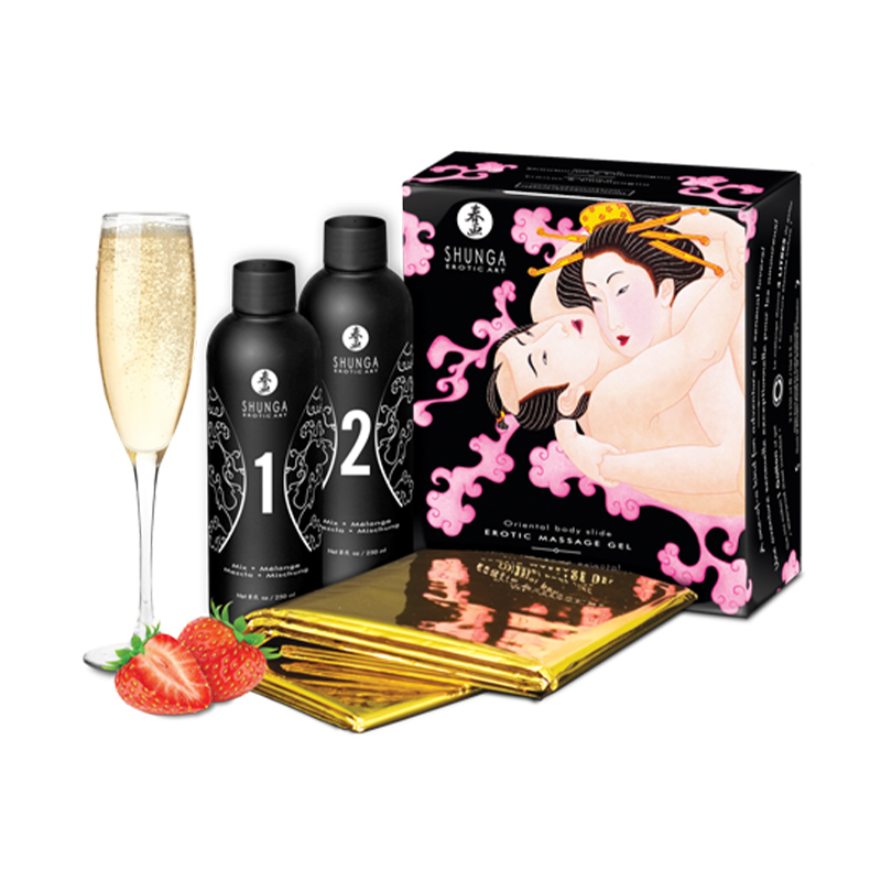 Shunga Oriental Body-to-Body Massage Gel with champagne, strawberries, and gold wrappers.