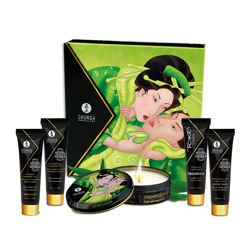 Shunga Geisha's Secret Organica gift set with massage oils, candle, and lubricants.
