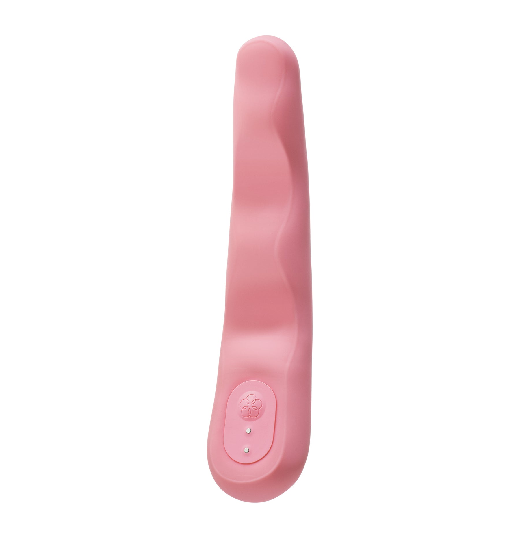 A pink G-spot vibrator with a curved design and a flower-shaped button.