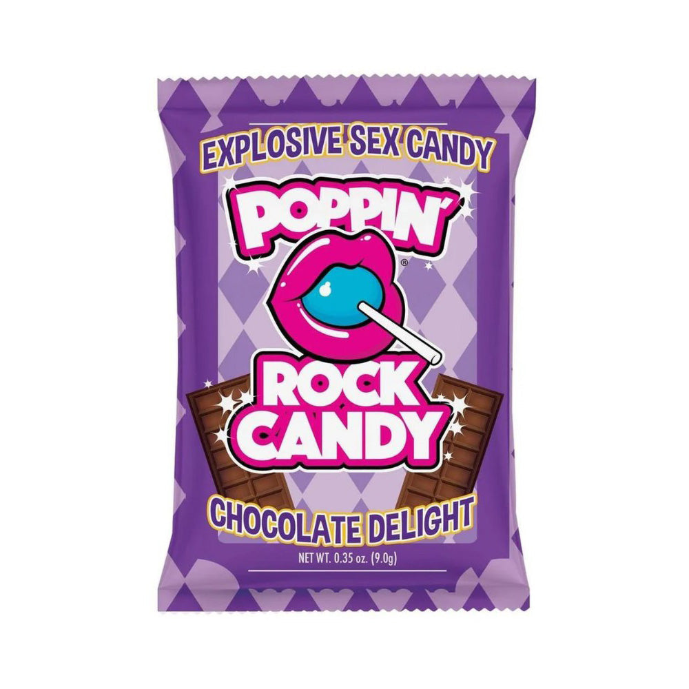 Poppin Rock Candy Chocolate Delight candy wrapper with lips and chocolate bars.