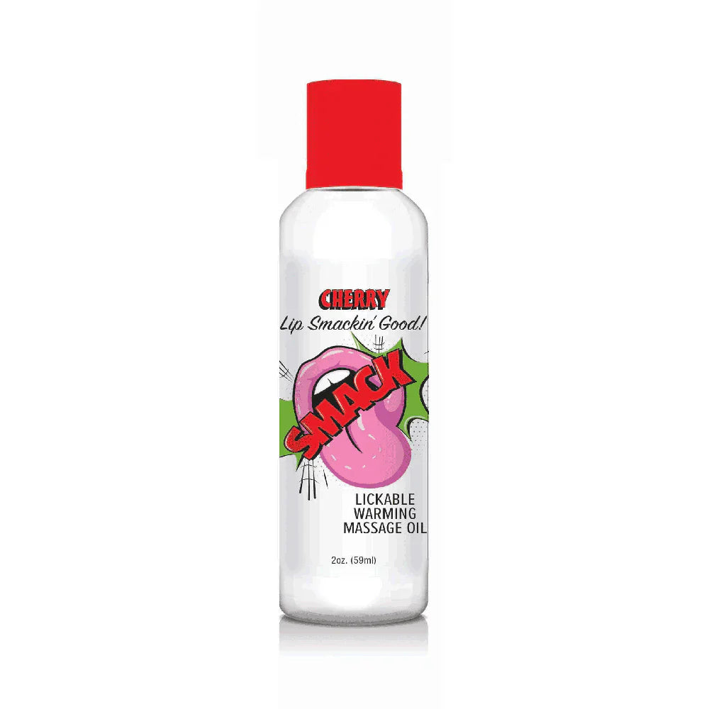 A bottle of cherry flavored warming massage oil with a cartoon mouth graphic.