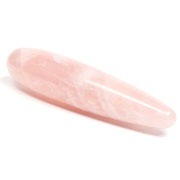 A smooth, pink rose quartz crystal wand with swirling white inclusions.