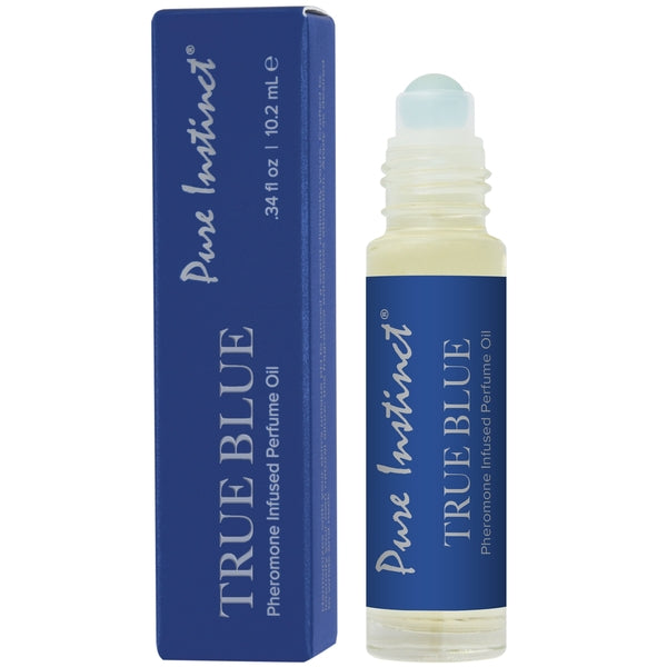 Pure Instinct True Blue Pheromone Infused Perfume Oil roll-on bottle and box.