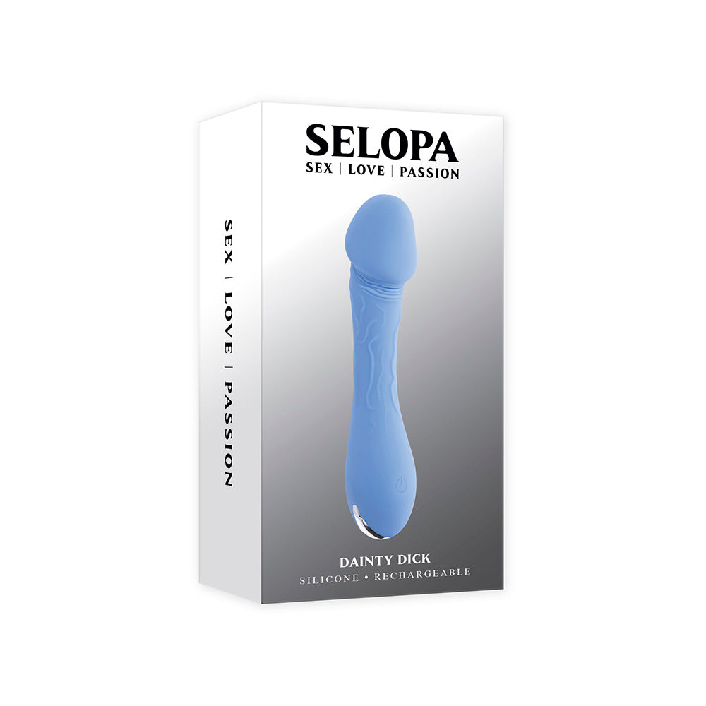 A blue silicone vibrator with a textured head and curved shaft on a white box.