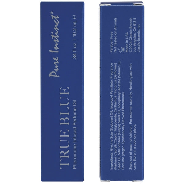 Blue box for True Blue Pheromone Infused Perfume Oil with ingredients and usage instructions.