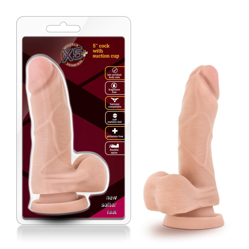 Realistic 5-inch flexible spine dildo in X5 material, blush color, shown in packaging.