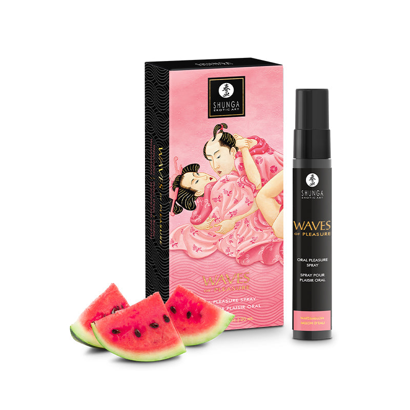 Shunga Watermelon Oral Pleasure Spray with box and watermelon slices.