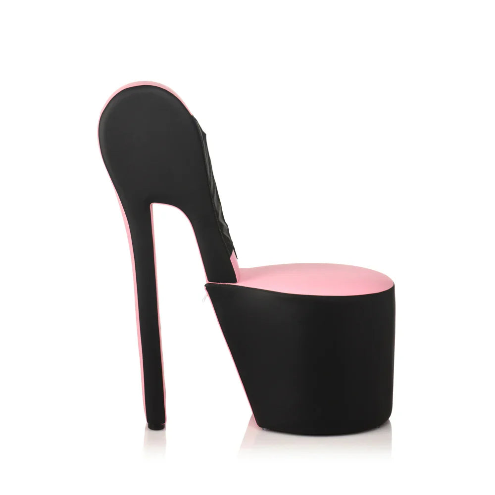 Pink and black stiletto heel chair made of vegan leather.