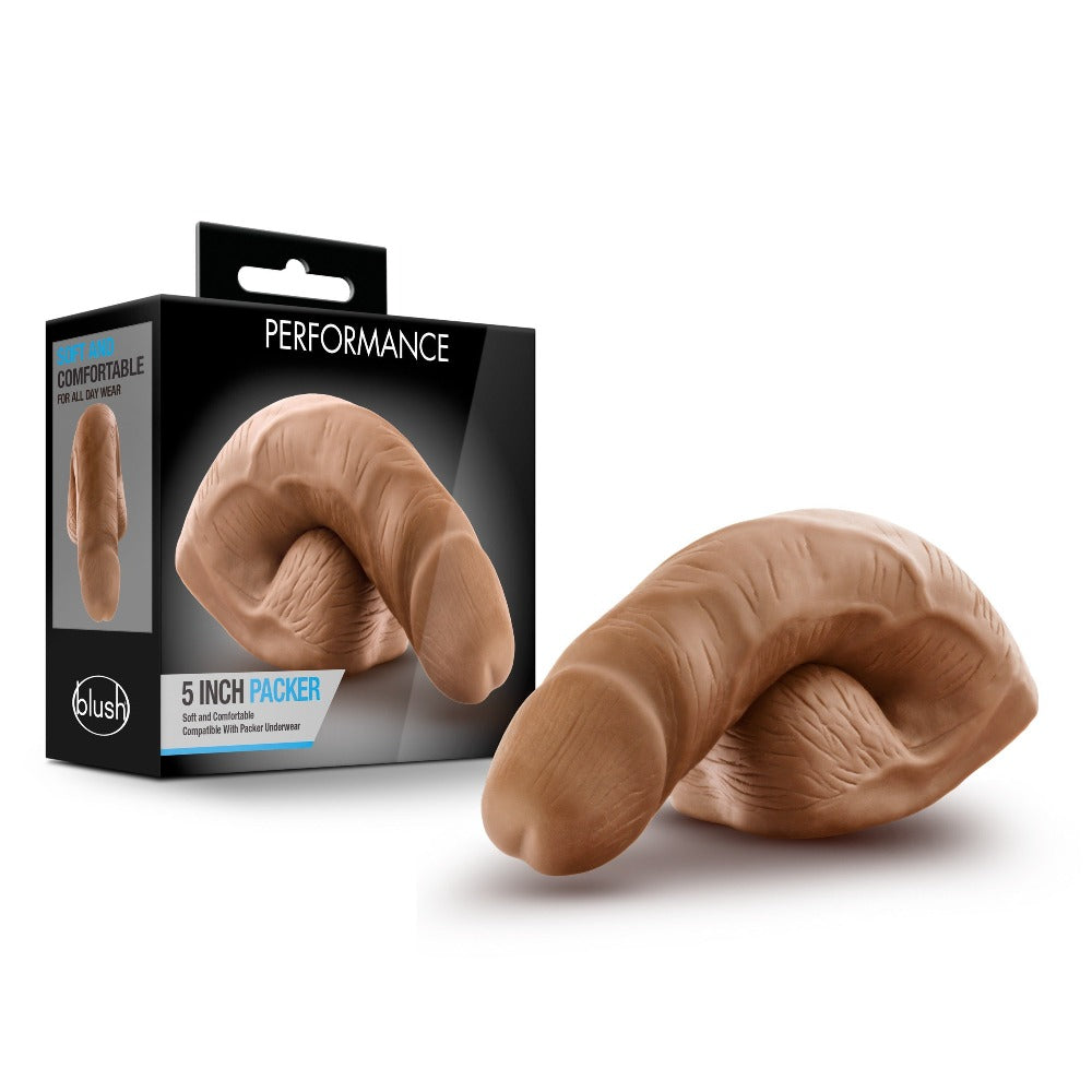Soft TPE 5 inch packer in mocha with realistic texture.