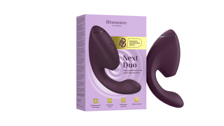 Womanizer Next Duo dual stimulator in dark purple with box.