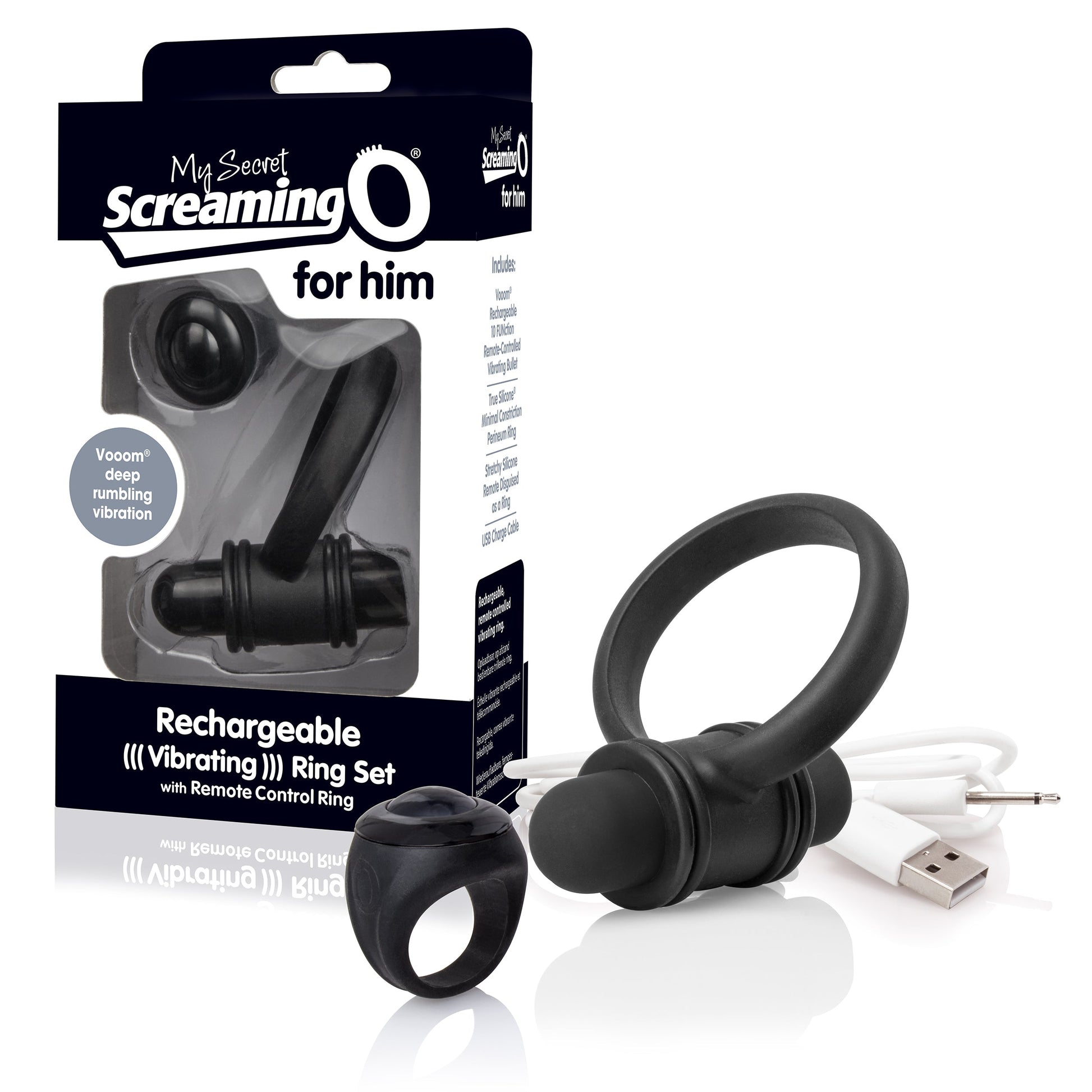 Rechargeable remote bullet and ring set for him with USB charging cable.