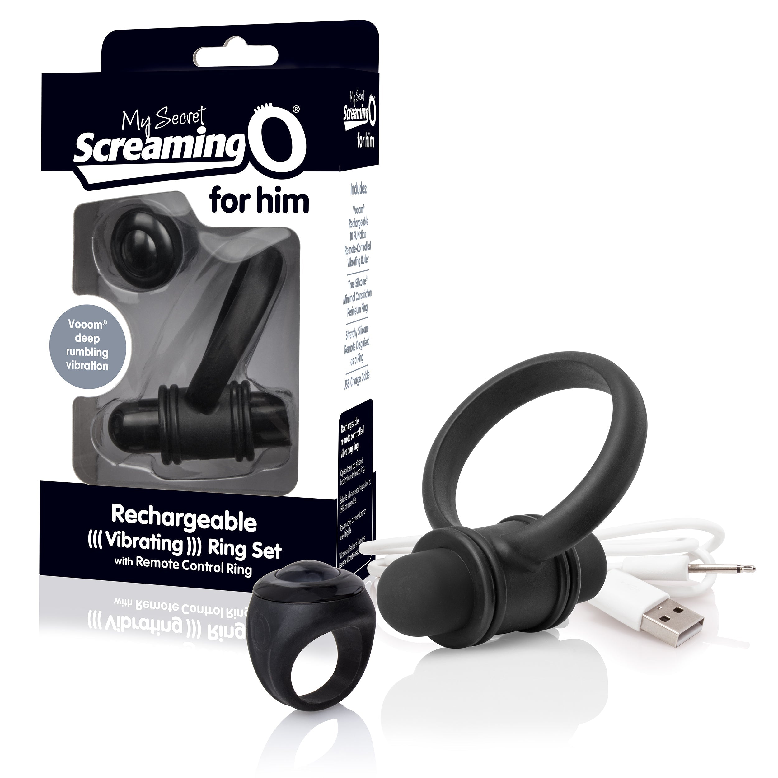 Rechargeable remote bullet and ring set for him with USB charging cable.