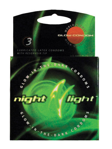 Glow in the dark condoms, pack of 3, lubricated latex with reservoir tip.