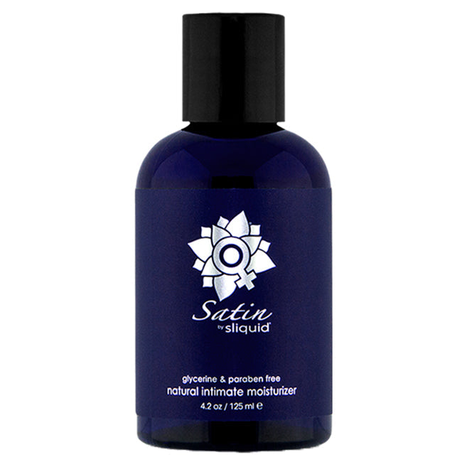 A dark blue bottle of Sliquid Satin natural intimate moisturizer.
