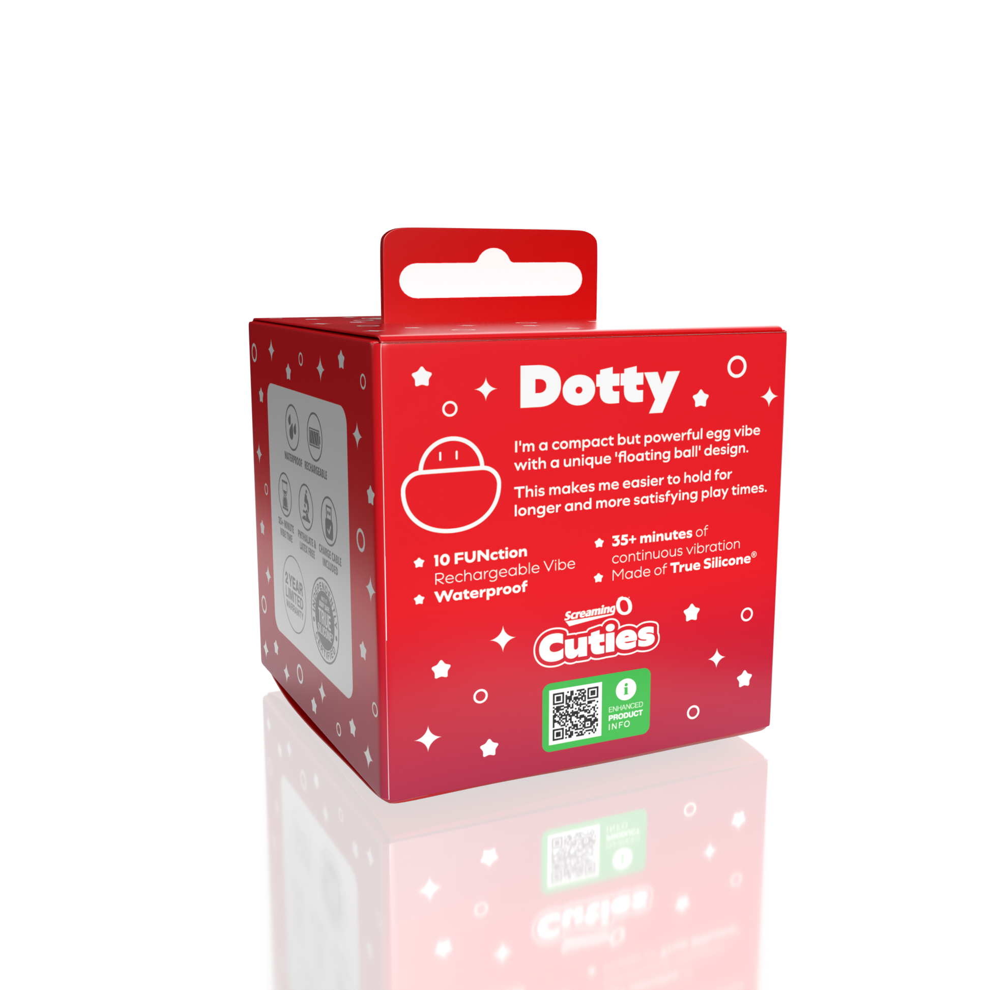 A red box with "Dotty" and "Screaming Cuties" branding, featuring an egg vibrator.