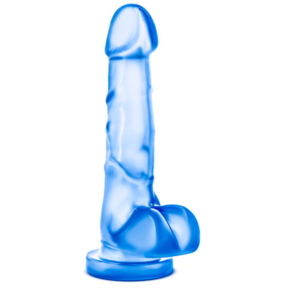 A blue realistic suction cup dildo with harness compatibility.