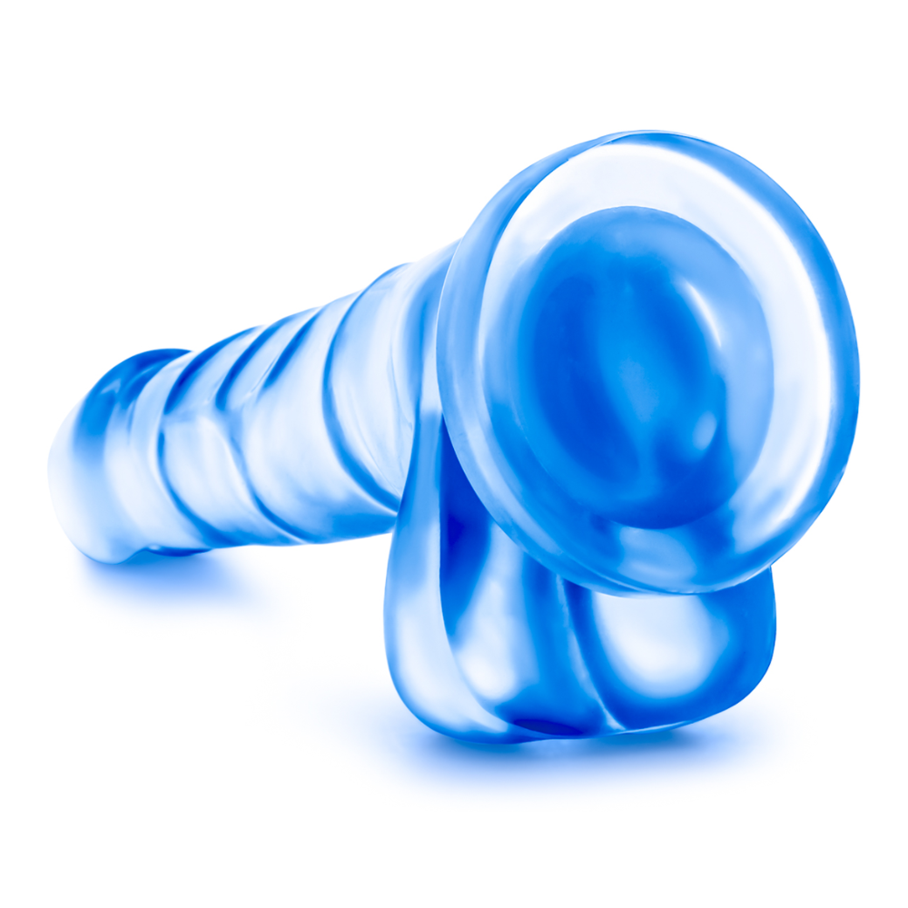 Blue ribbed dildo with a suction cup base.