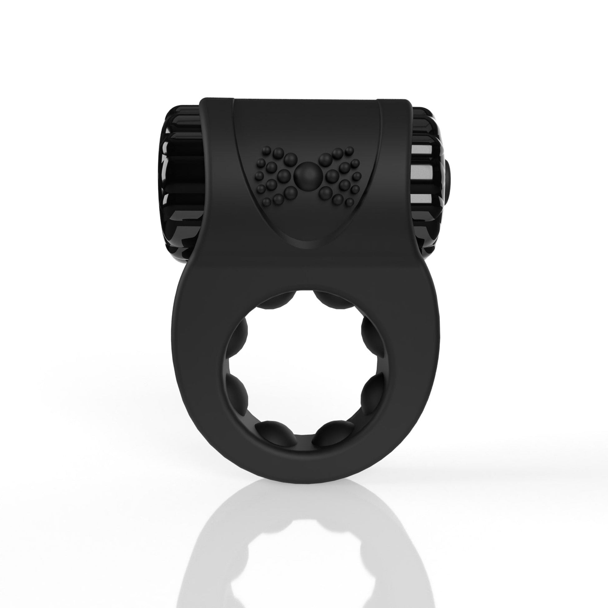 Black rechargeable silicone vibrating ring with textured surface.