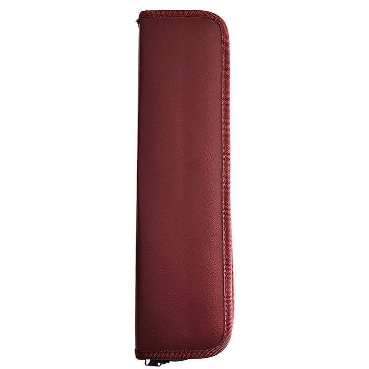 Maroon zippered case with a textured surface.