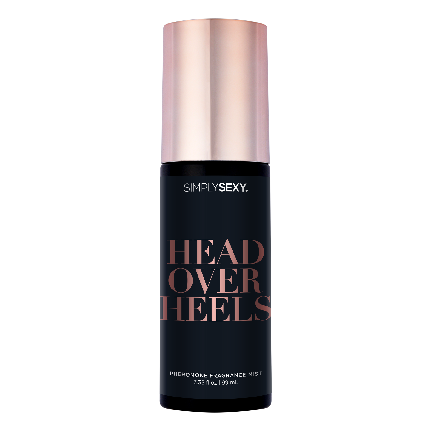 Simply Sexy Head Over Heels Pheromone Fragrance Mist in a black bottle with a rose gold cap.