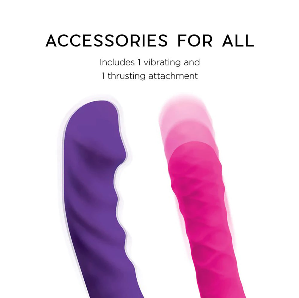Purple and pink attachments for a sex machine.