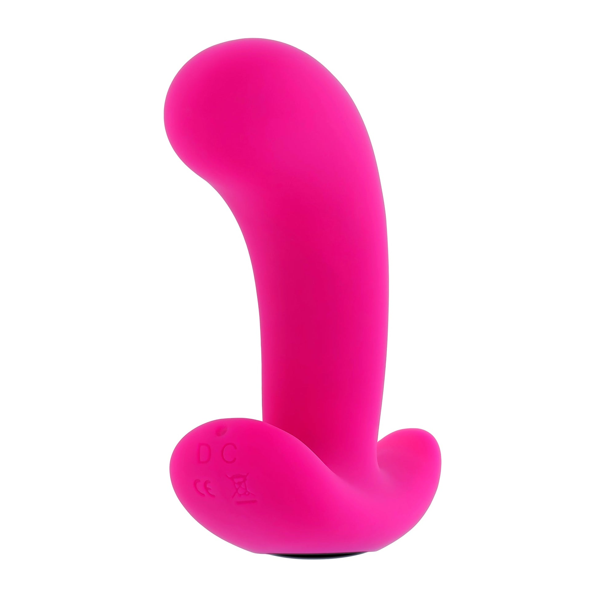 A pink silicone remote control prostate massager with DC and CE markings.