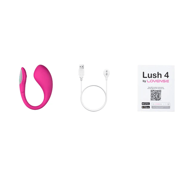 Pink Lovense Lush 4 vibrator with USB charging cable and instructions.