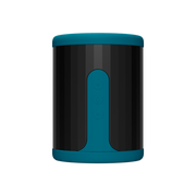 Teal app-controlled liquid silicone men's stroker with three buttons.
