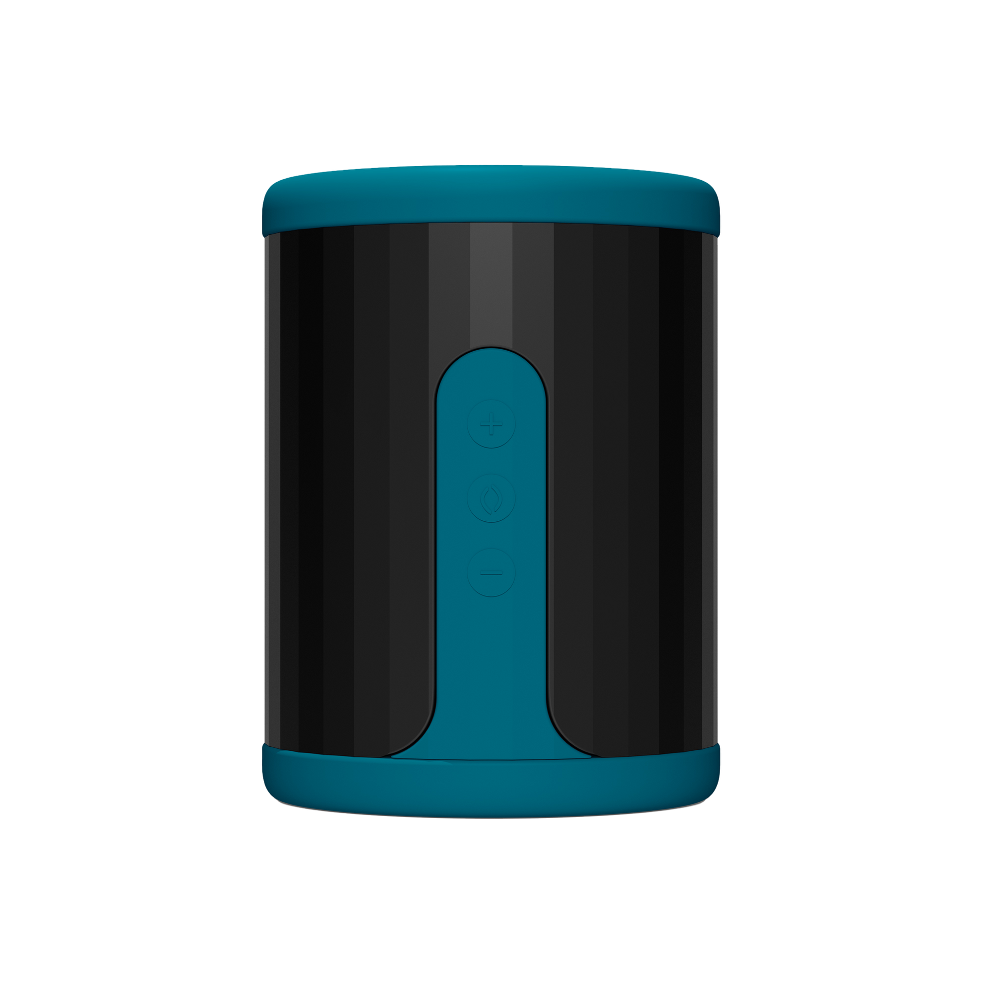 Teal app-controlled liquid silicone men's stroker with three buttons.