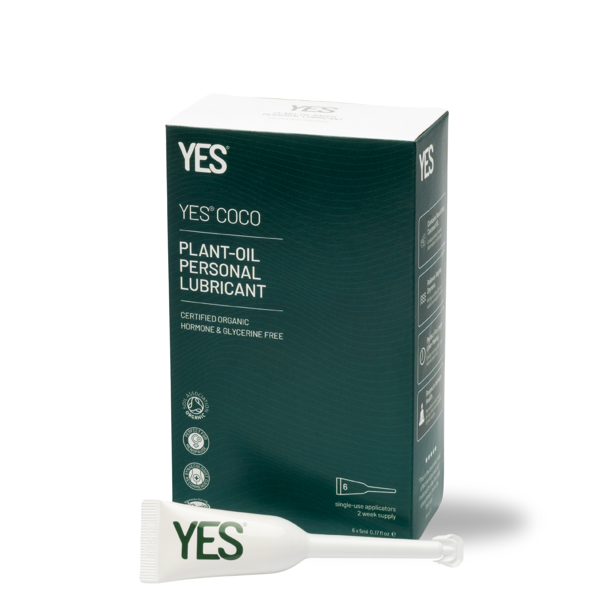 YES Organic Coconut Oil Lubricant with 6 single-use applicators.