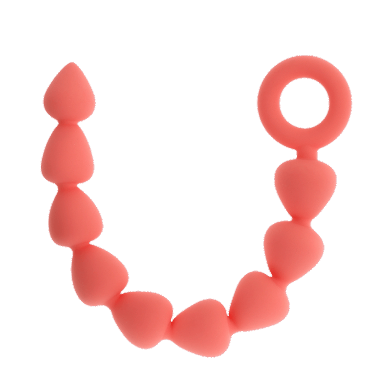 Silicone anal beads with nine graduated bulbs and a retrieval ring.
