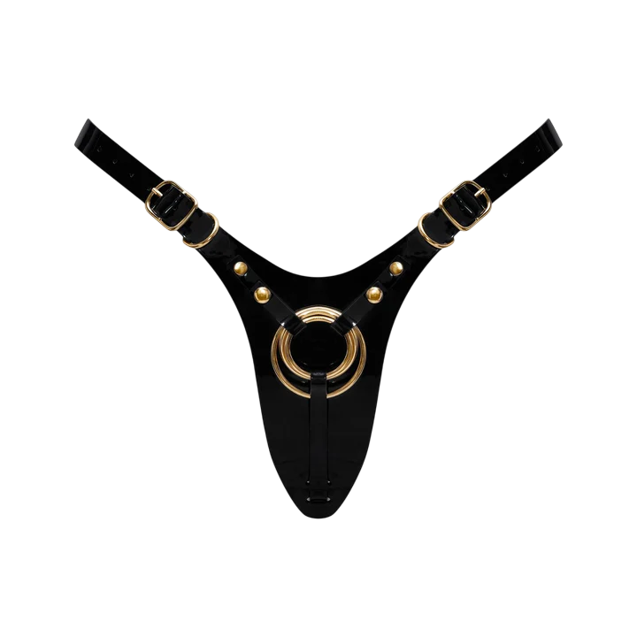 Glossy black leatherette harness with gold hardware.