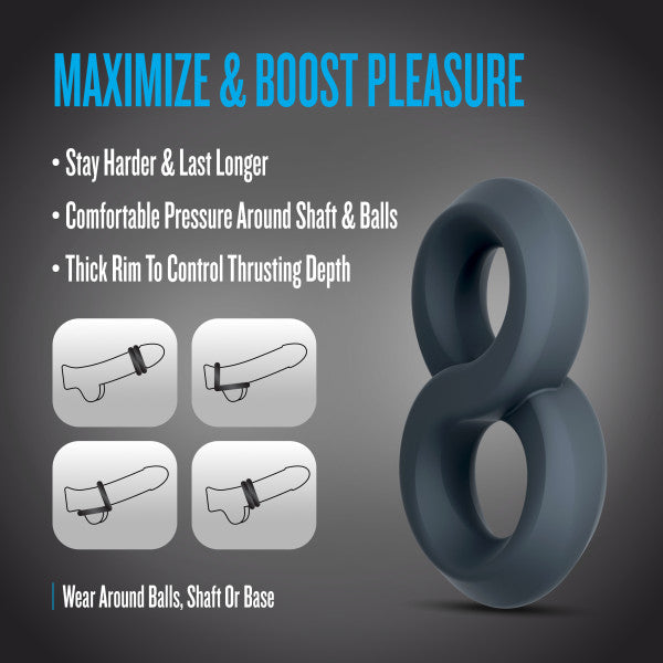 A grey silicone double strap cock ring with illustrations showing placement options.