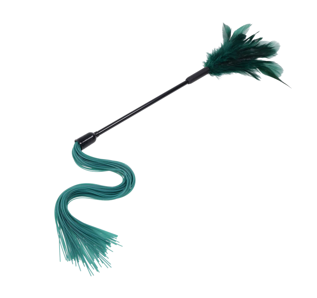 A dual-ended toy with green feathers on one end and teal silicone strands on the other.