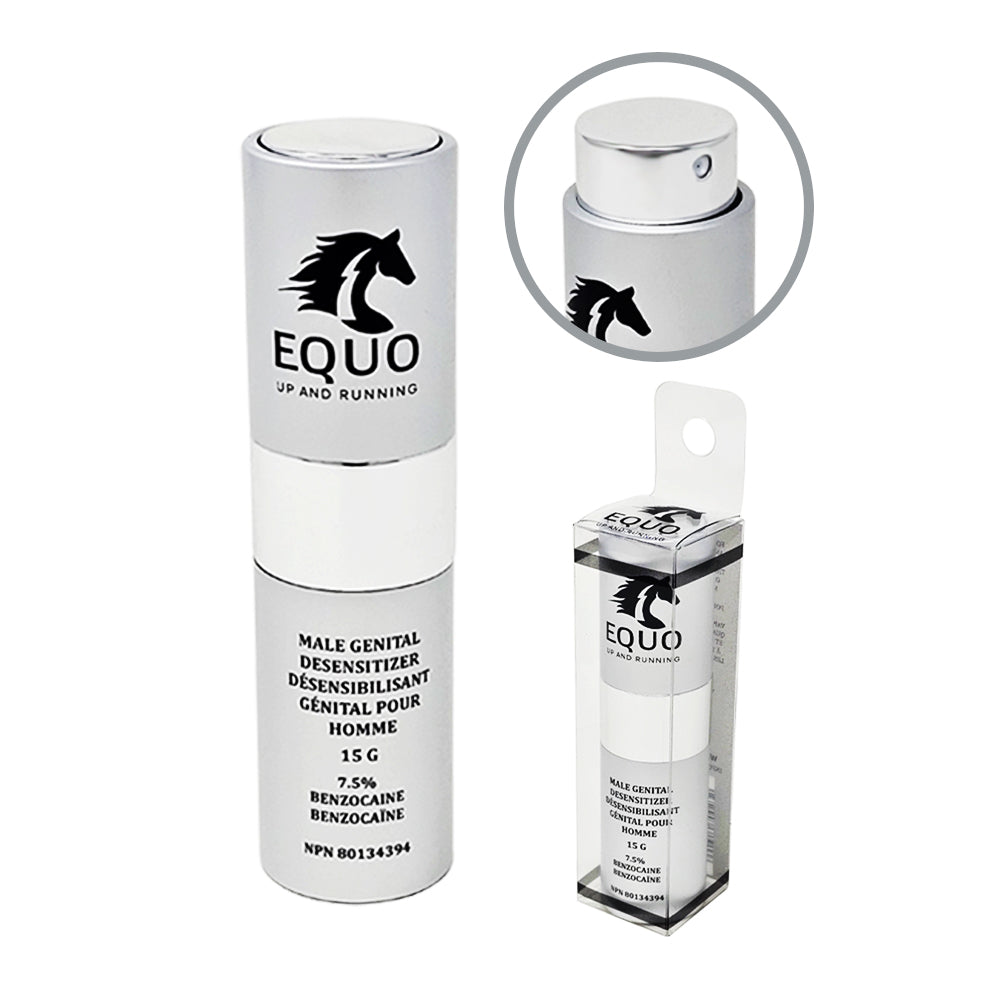 EQUO male genital desensitizer spray with 7.5% benzocaine.