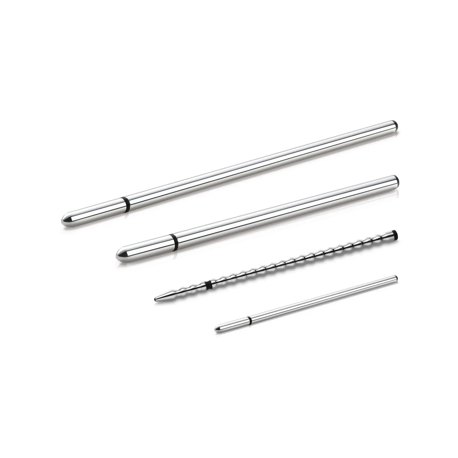 Four medical aluminum urethral dilators of varying lengths and textures.