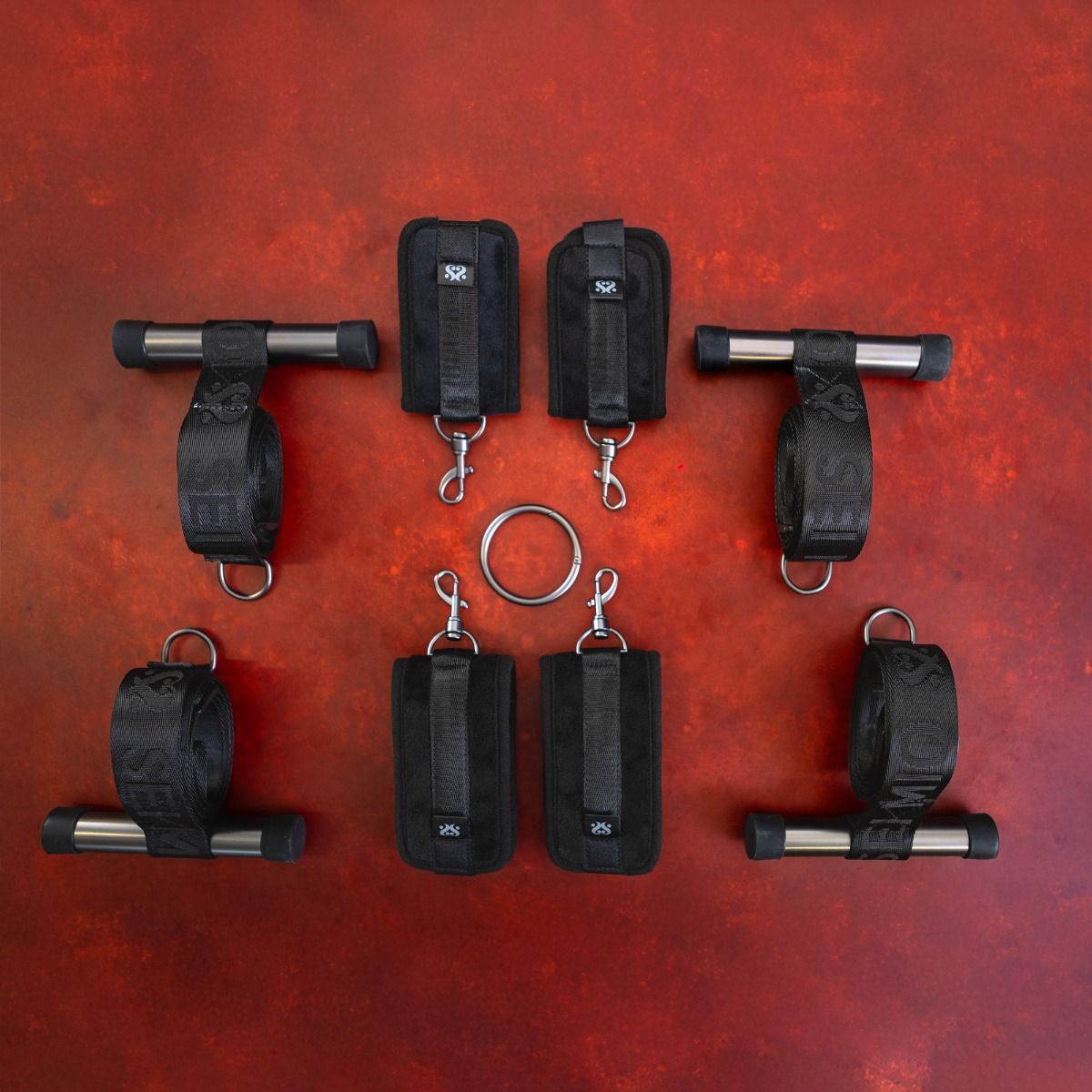 Door bondage system with adjustable straps and metal bars.