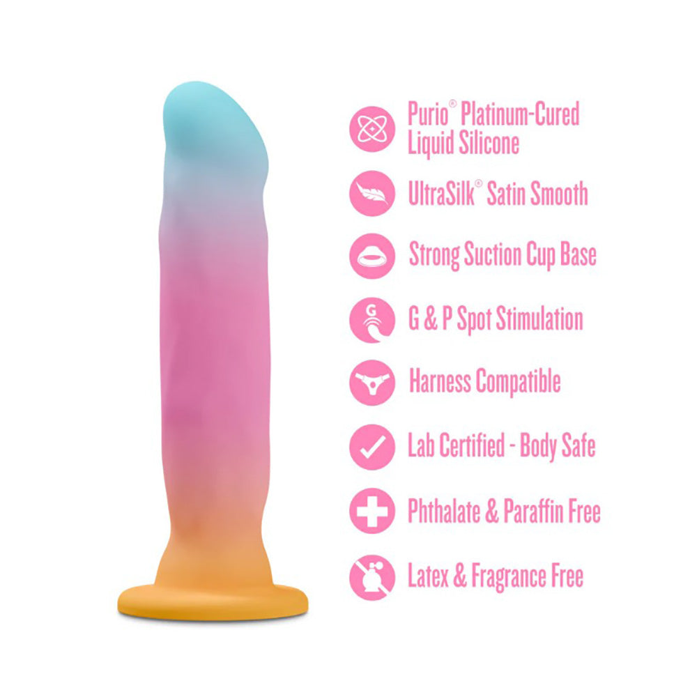 Avant Golden Dawn silicone G-spot and P-spot stimulator in gradient blue to orange with suction base.