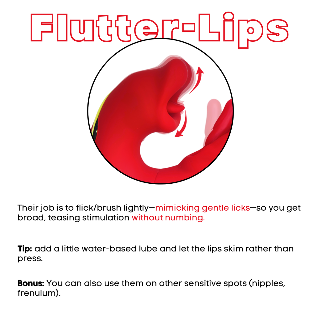 Red silicone vibrator with fluttering lips attachment and text about stimulation.
