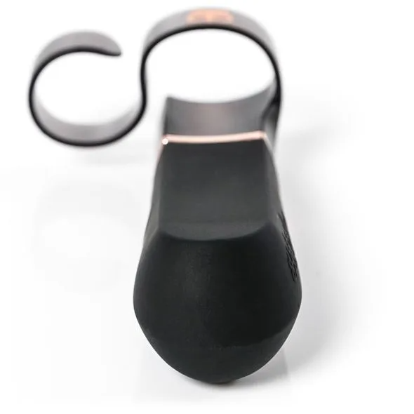 Black wearable finger vibrator with rose gold accents.