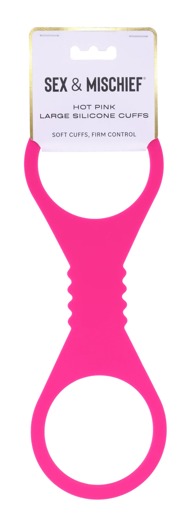 Hot pink large silicone restraint cuffs with a hanging tab.