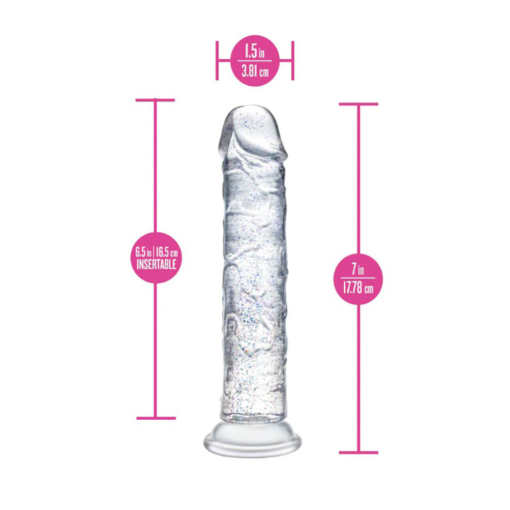 Clear 7-inch sparkling suction cup dildo with measurements shown.