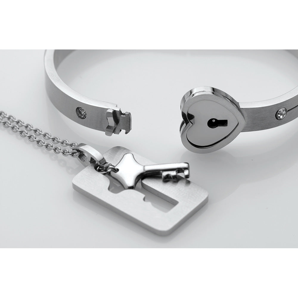 Tungsten steel bracelet with heart lock and matching key necklace.
