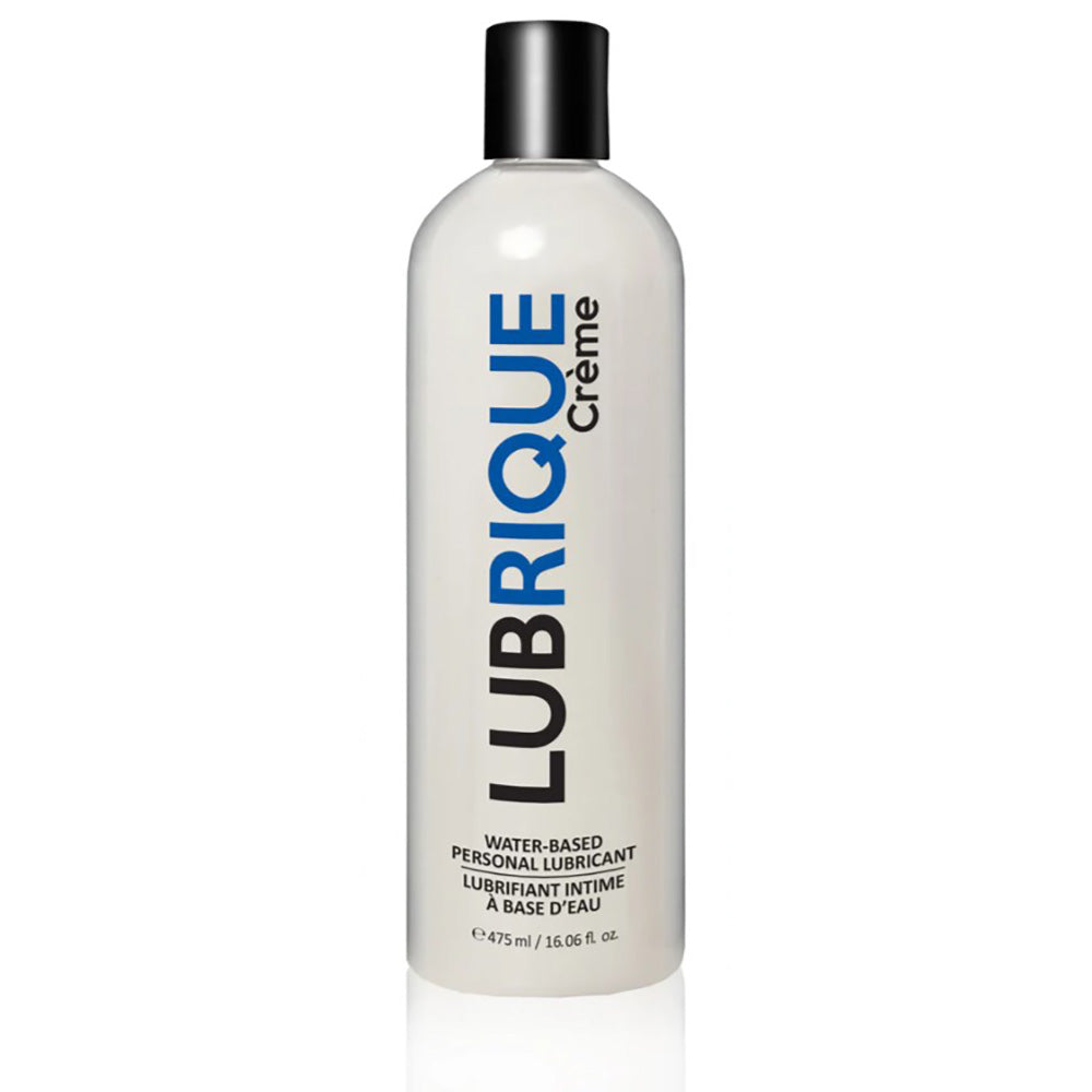 A white bottle of Lubrique Crème water-based personal lubricant with a black cap.