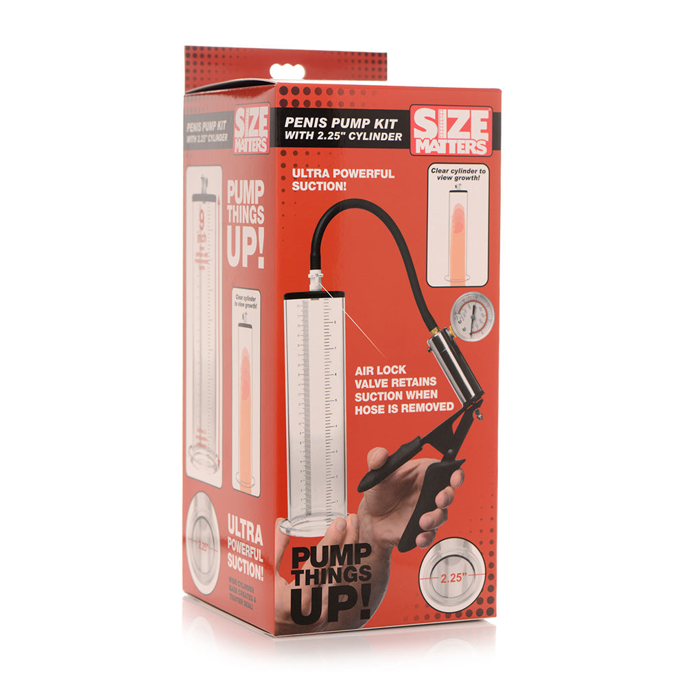 Penis pump kit with a clear cylinder, hand pump, and pressure gauge.