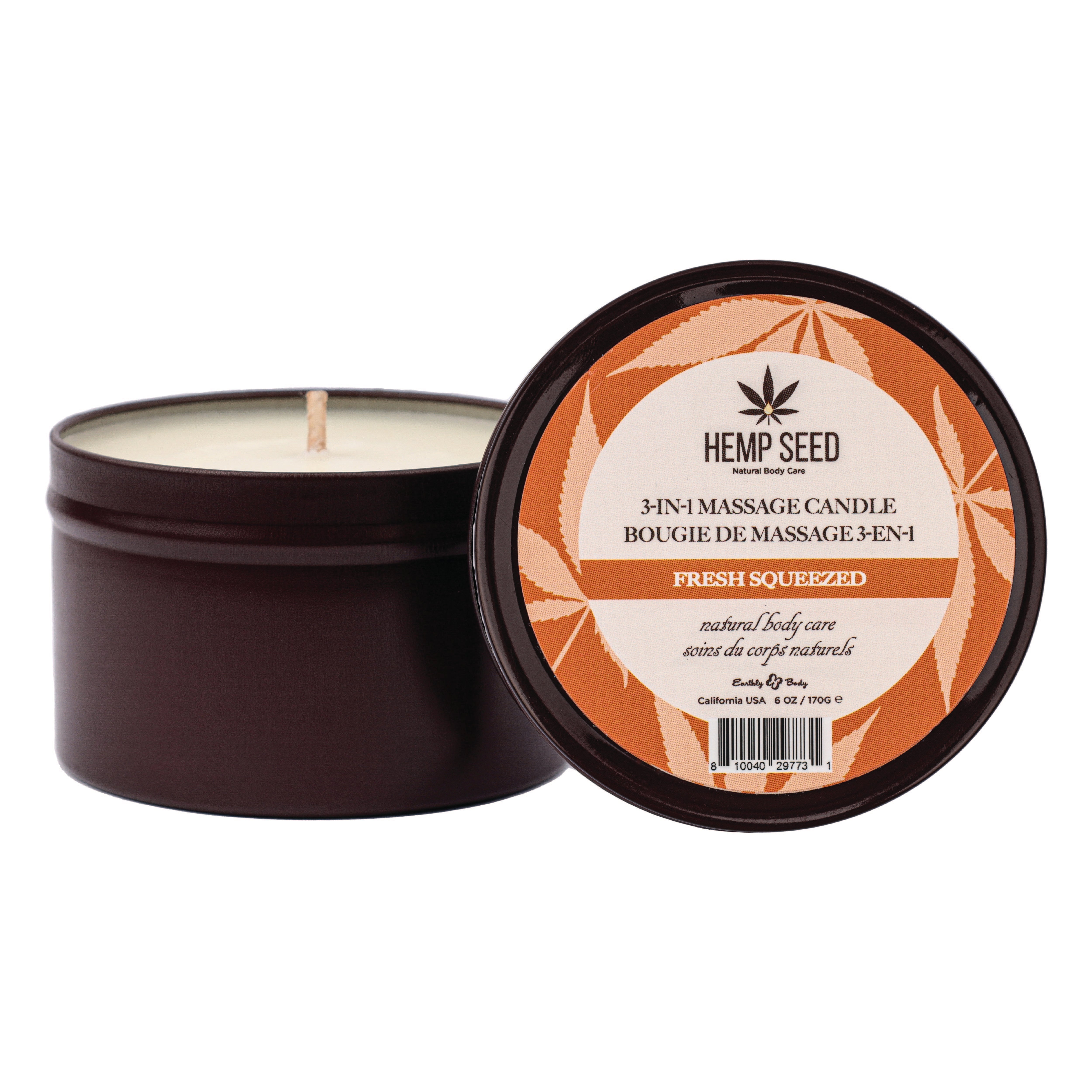 A 3-in-1 Hemp Seed Massage Candle in a dark brown tin with a label featuring hemp leaves and text.